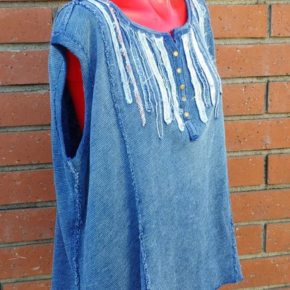 Free People Oversize Sleeveless Denim Color Knit Top by We The Free line XS - Picture 10 of 13